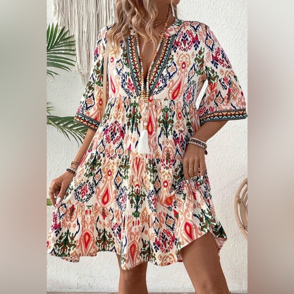 GORGEOUS Boho V-Neck Printed Tiered Dress